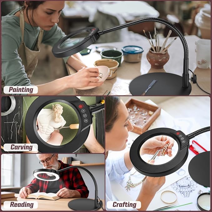 10X Magnifying Glass with Light and Stand, 16.5in Flexible Goose-Neck, 5 Color Modes Stepless Dimmable LED Lighted Desk Lamp, Hands Free Magnifier for Crafting Hobby Painting Close Work - Black