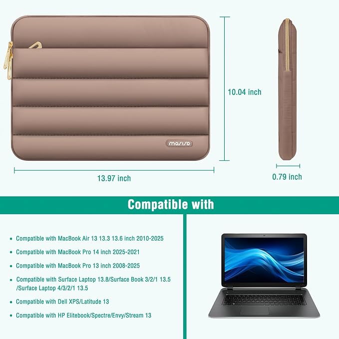 MOSISO Laptop Case 13.3 inch,13-13.3 inch Puffy Laptop Sleeve Compatible with MacBook Air 13.6 M5 M4 M3 M2 M1/Neo/Pro 13/14,HP Dell ASUS Lenovo,Polyester Horizontal Bag with Small Case, Brown