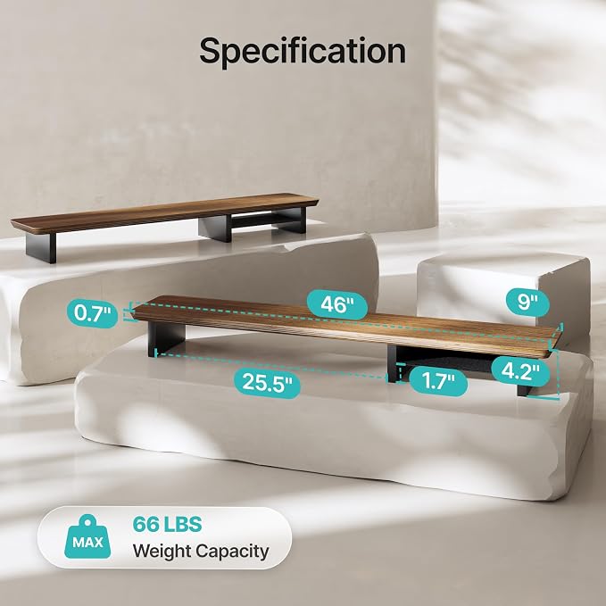 PEGZONE Dual Monitor Riser with Integrated Metal Shelf, Large Walnut Wooden Desk Shelf for 2 Monitors/TV, Wide 46" Long Monitor Stand Riser for Desk, Wood Monitor Stand Organizer for Home Office