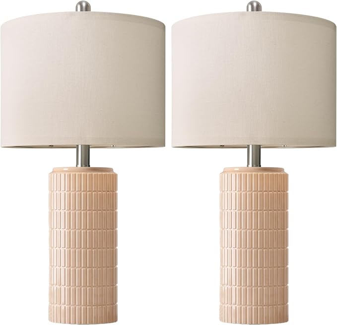 PoKat 23" Pink Ceramic Table Lamps Set of 2, Modern Bedroom Lamps for Girls Room, Bedside Lamps for Night Stands, Cute Lamps for Living Room Decor, Nightstands Desk Lamp, Pink