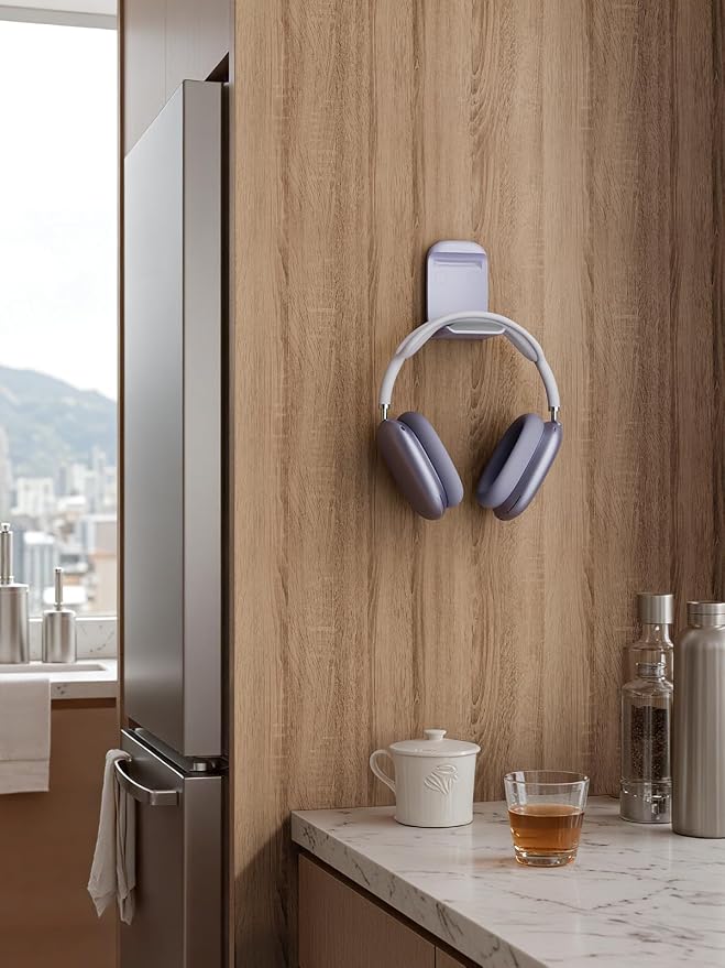 MAMUVIMO Headphone Stand, Headset Stand Foldable & Sticky, Headphone Holder Hook Mount with Non-Slip Silicone, Adhesive Earphone Desk Hanger Clip Space-Saving for Airpods Max, All Earphones- Purple