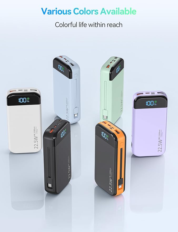 Portable Charger Power Bank 32000mAh with Built in Cables, PD3.0 USB C Fast Phone Charger, 5 Outputs LCD Display Travel Battery Pack Compatible with iPhone, Samsung All Cell Phones (Green)