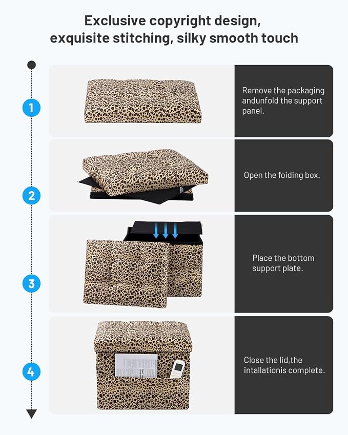 Bsketa Storage Ottoman Foot Rest Stool, Small Velvet Storage Ottomans Bench, Folding Footstool with Side Pockets, Foot Rest Under Desk for Living Room Bedroom, 17x13x13 in, Leopard Print
