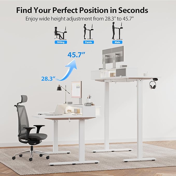 Agilestic 63 Inch L Shaped Electric Standing Desk with Shelf, Height Adjustable Large Desk with Power Outlet & LED, Corner Sit Stand Up Table with Monitor Stand, Computer Workstation, White