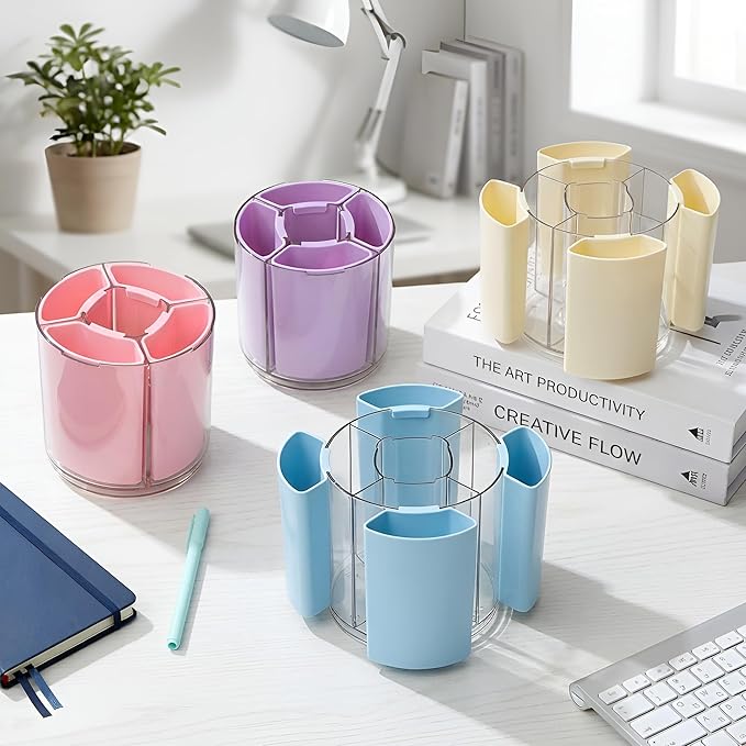 Comix 360° Rotating Pen Holder for Desk, Cute Pencil Holder Pen Organizer, Purple Acrylic Pencil Cup Caddy with 5 Slots for Home School Office Supplies