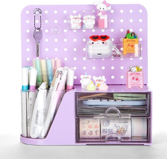 Comix Desk Organizer with Drawer, 360° Rotating Pen Holder for Desk, Pen Organizer with 5 Slots Pencil Holder+Pegboard+2 Drawer for Office Home Art Supplies (Purple)