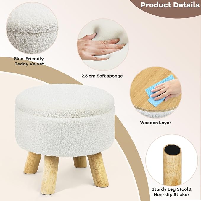 OGEMXU Ottoman Foot Rest, Small Round Ottoman with Storage, Boucle Teddy Velvet Footstool with Wood Legs, Soft Sponge Storage Ottoman for Living Room, Bedroom, Couch, Enterway (Cream)