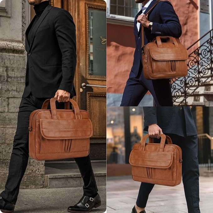 Taygeer Leather Laptop Bag for Men Women, Premium Laptop Briefcase Fits Up to 15.6 Inch Notebook, Waterproof Portable Shoulder Messenger Crossbody Bag Carry On Case for Travel Business Office, Brown
