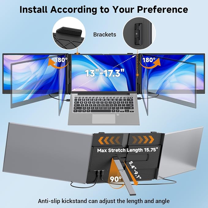 Triple Laptop Screen Extender 0.17" Ultra-Thin, 14" 1080P FHD Portable Monitor for Laptops 13-17.3", Laptop Monitor Extender 2.2 LB Lightest, USB-C HDMI Plug-Play for Mac Windows PS Switch Work Travel