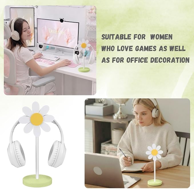 Yookeer Daisy Headphone Stand Cute Headphone Stand Decorative Gamer Gifts for Women Wood Table Decor for Gamer Room Office Desk for Girl Girlfriend Office Worker