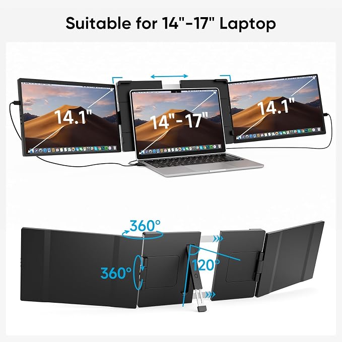 Dopesplay Laptop Screen Extender, 14" Triple Portable Monitor for Laptop, FHD 1200P IPS Screen Extender Monitors for 14"-17.3" Carry a USB flash drive,Plug & Play Compatible with Windows, Mac, Android