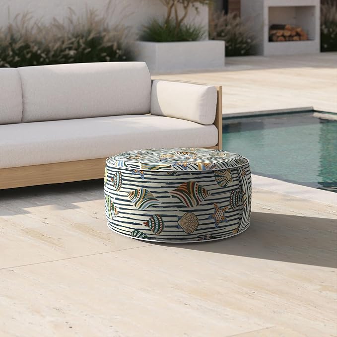 DYTXIII Inflatable Ottoman Stool D21 xH9 for Outdoor/Indoor Use, Water Repellent Patio Foot Rest with Portable Handle,Round Pouf Ottoman Suitable for Garden,Deck and Camping-Crayon Shells