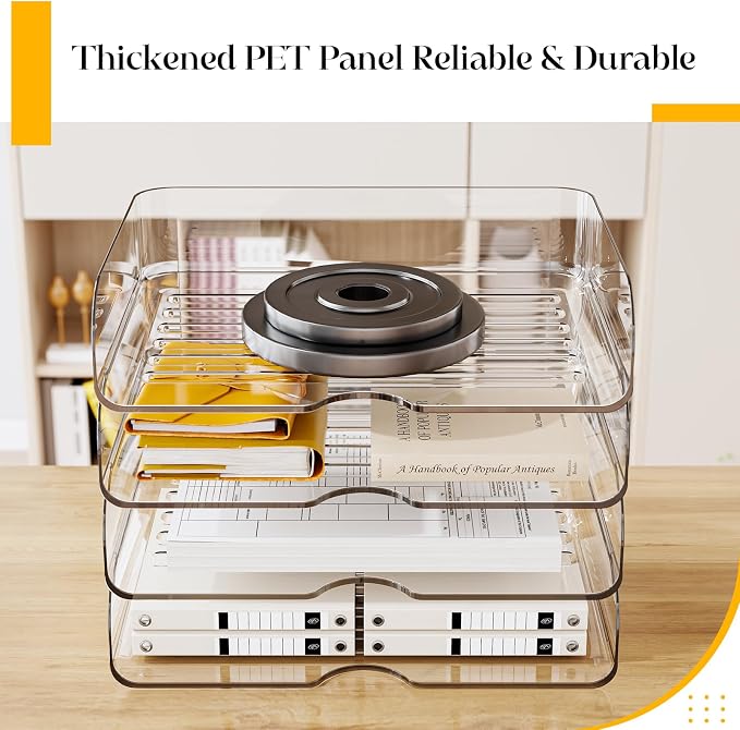 HIYOHIYO Clear Office A4 Paper Desk Organizer, Acrylic Desktop Organizer for A4 File Folder Stackable, Large Capacity Desk Letter Paper Holder, Organizer for Office File, 4 Tier Horizontal Style