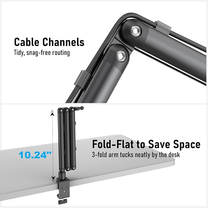Portable Monitor Stand 15.6", Heavy Duty Tablet Arm Mount with Desk Clamp, Sag-Free Adjustable iPad Holder for Bed, 360° Foldable Arm Fits 4.7"-18.5" iPad Pro/Air/Mini, 2.2lbs Capacity, Matte Black