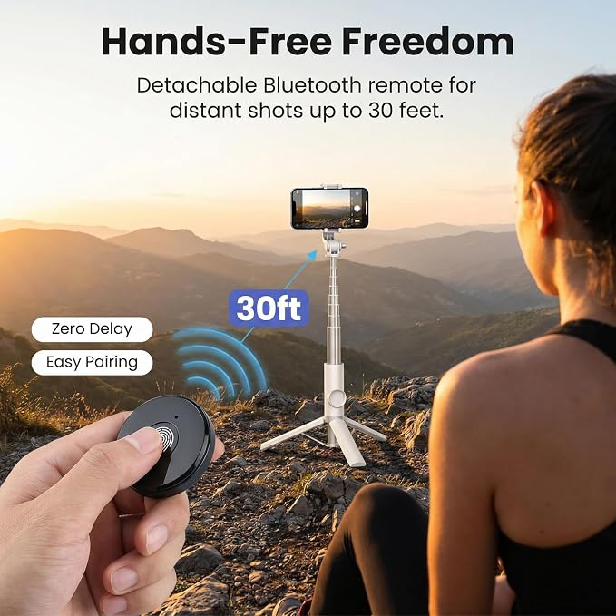 Selfie Stick Tripod Portable Extendable Cell Phone Stand with Detachable Mini Ring Light Phone Tripod Stand with Bluetooth Remote for iPhone Android for Vlogging/Travel/Live Streaming (White)