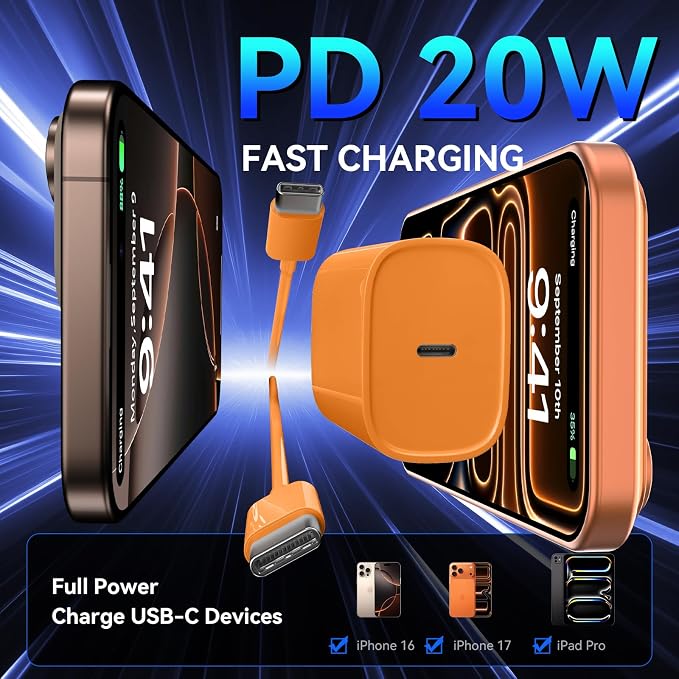 Phone 17 16 15 Pro Charger Fast Charging, 20W USB C Fast Charger Block with 10FT Long Type C Chargers Fast Charging Cable Cord for Phone 17/17 Pro/17 Pro Max/Air/16 Pro Max/16 Pro/15Pro-Cosmic Orange