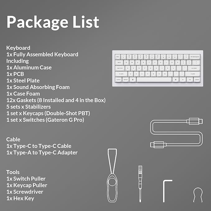 Keychron Q4 Wired Custom Mechanical Keyboard, QMK/VIA Programmable Macro, Full Aluminum, Hot-Swappable Gateron G Pro Blue Switch, 60% Layout Double Gasket Compatible with Mac and Windows - White