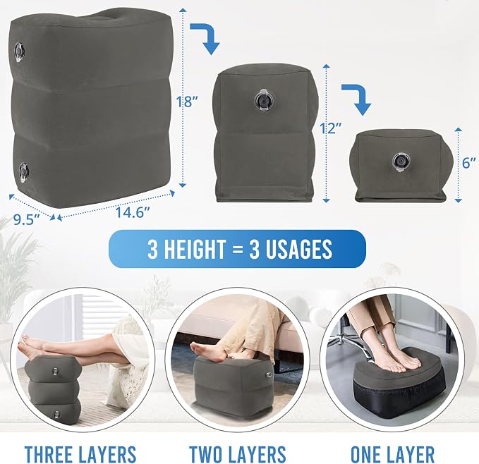 Inflatable Airplane Foot Rest Pillow - Travel Foot Rest for Long Flights, Car Seat Foot Rest for Kids Airplane Seat Extender Bed for Toddler, Blow up Plane Footrest with Easy-Carry Strap, Gray 2 Pack