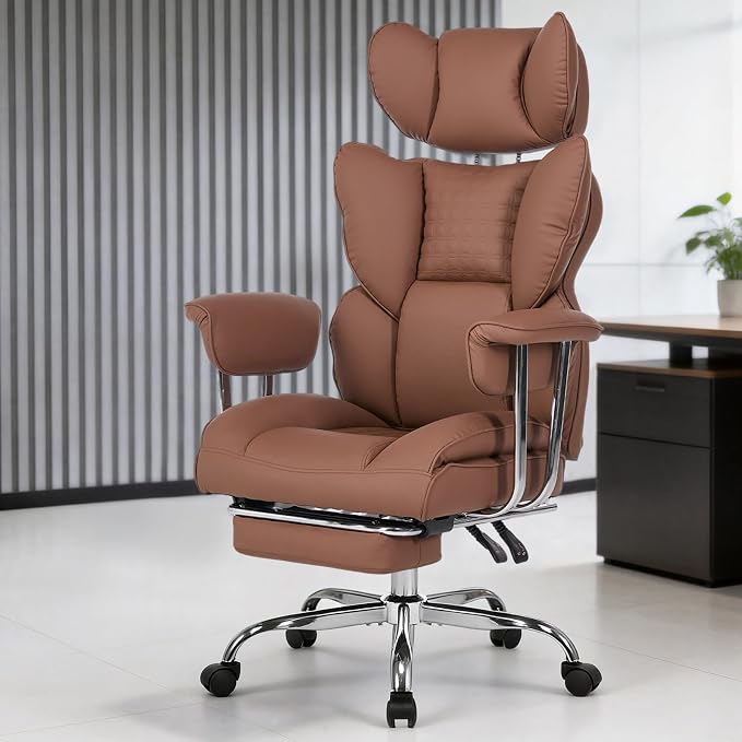 DUMOS Big and Tall Office Chair 350 LBS, Scratch-Resistant PU Leather Executive Office Desk Chair with Footrest, Ergonomic Reclining Computer Chair with Pocket Spring Support for Home Office, Brown