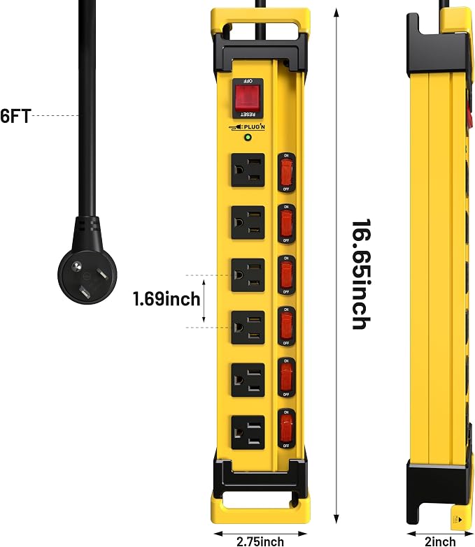 2 Pack Power Strip Surge Protector 2700J with Individual Switches and Flat Plug, 6 Outlet Heavy Duty Metal Power Strips with Cord Manager and Hook, Mountable 6FT 14AWG Extension Cord