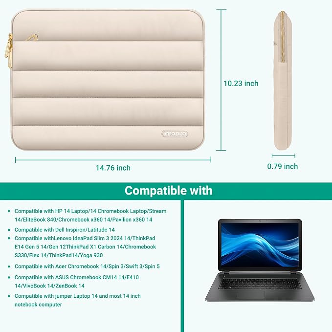 MOSISO Laptop Case 14 inch, 14 inch Puffy Laptop Sleeve Compatible with HP Lenovo Dell ASUS Acer, HP Stream, Dell Latitude, Lenovo IdeaPad, Polyester Horizontal Bag with Small Case, Sand