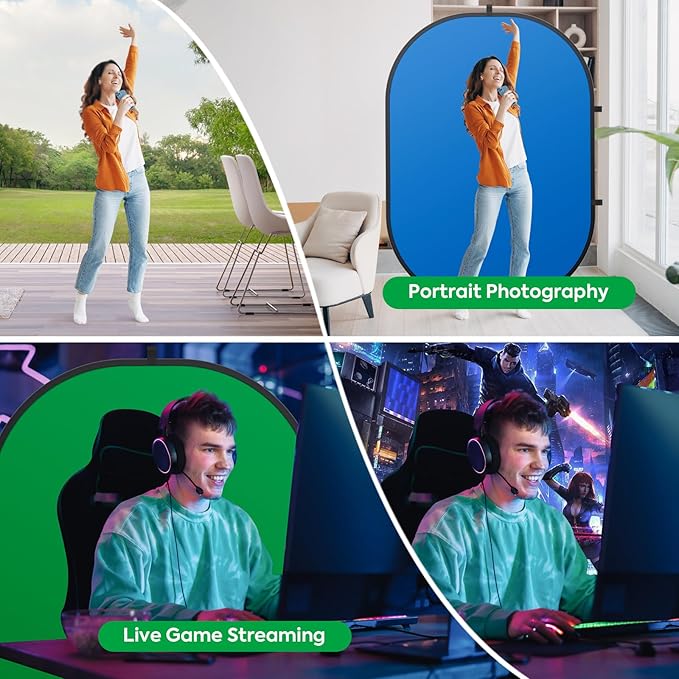 5x6.5ft/1.5x2M Blue Green Screen Backdrop, Double-Sided Pop Up Photo Backdrop Collapsible Greenscreen Background Muslin Chromakey Screen with Carry Bag for Photo Studio, Streaming, Gaming