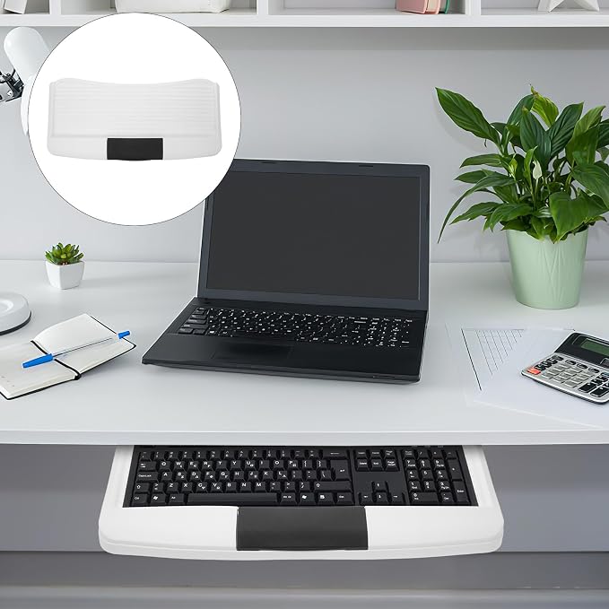 Adjustable Under Desk Keyboard Tray with Mouse Platform and Pen Holder, White Sliding Keyboard Mount System for Office Workspace Organizer