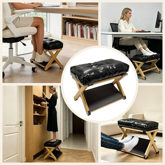 Foot Rest Under Desk, Wooden Double Step Foot Stool with Cushioned Top and Non-Slip Surface, Ergonomic Under Desk Footrest for Office, Home, Gaming and Work