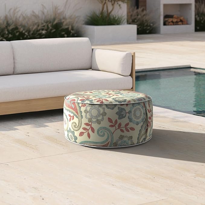 DYTXIII Inflatable Ottoman Stool D21 xH9 for Outdoor/Indoor Use, Water Repellent Patio Foot Rest with Portable Handle,Round Pouf Ottoman Suitable for Garden,Deck and Camping-Paisley Vintage