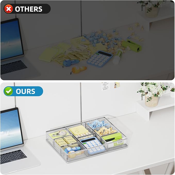 Marbrasse Desk Drawer Organizer, Metal Mesh Drawer Organizer Tray with 5 Adjustable Compartments,Desk Organizers and Accessories for Home,Office,Kitchen,Makeup,Vanity (Silver)