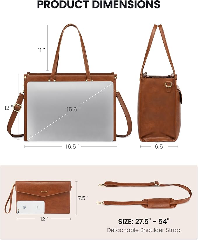 LOVEVOOK Laptop Bag for Women, 15.6'' Laptop Tote Purse 2-in-1 Professional Work Bag Business Briefcase with Clutch Purse, Waterproof Vintage Leather Computer Handbag for Teacher Office Travel
