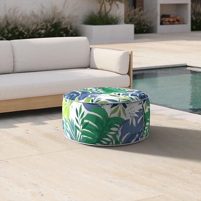 DYTXIII Inflatable Ottoman Stool D21 xH9 for Outdoor/Indoor Use, Water Repellent Patio Foot Rest with Portable Handle,Round Pouf Ottoman Suitable for Garden,Deck and Camping - Islamorada Blue Green