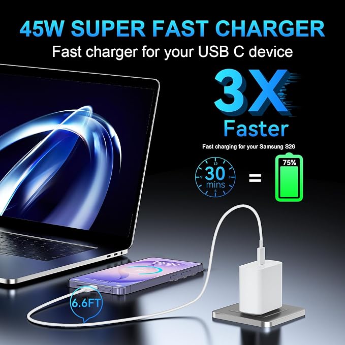 45W USB C Super Fast Charger Type C Charger Fast Charging Android Phone Charger Block with 6.6FT Type C Charging Cable for Samsung Galaxy S26 Ultra/S26/S26+/S25/S25 Ultra/S25+/S24 Ultra/S23 Ultra/S22