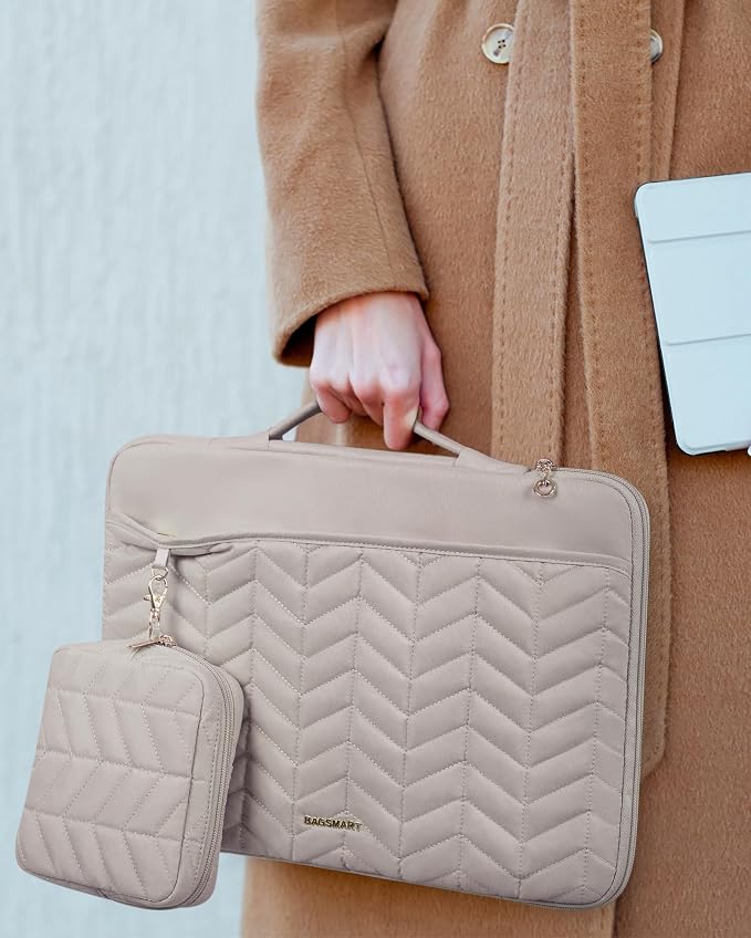 BAGSMART Laptop Case with Handle, Puffy Padded Laptop Bag Sleeve for Women, Portable MacBook Air/Pro Computer Case, 13-14 inch, Warm Gray