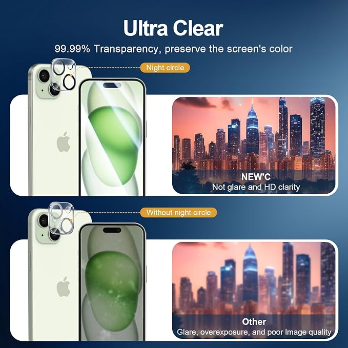 NEW'C 3x for iPhone 15 Plus Screen Protector (6.7 inches)+ 3x Camera Lens Protector, Sensor Protection, Case Friendly Tempered Glass Film + Dust Plug- Easy installation tool include