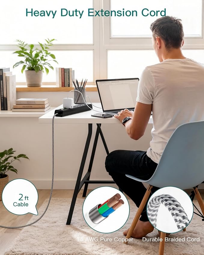 Addtam 2 FT Power Strip Surge Protector with USB C, Flat Plug Extension Cord, 6 AC Outlets 4 USB Ports (2 USB C), 1875W/15A Multi Plug Outlet Extender for Home Office Dorm Room Essentials