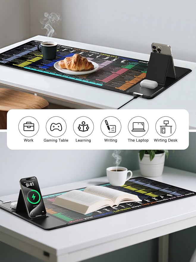 Mouse Pad with Foldable Phone Holder, Wireless Charging Desk Mat 31.5x15.75 Mousepad with Superior Micro-Weave Cloth Non-Slip Waterproof Desk Pad (Excel Shortcut)