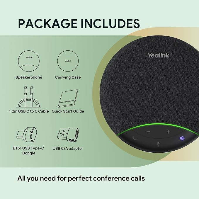 Yealink SP92 Bluetooth Speaker and Microphone with Dongle, Conference Speakerphone for Teams, 13ft 360 Omni Pickup, Full-Duplex Mic, AI Noise Reduction, 20H Call Time, USB C/A