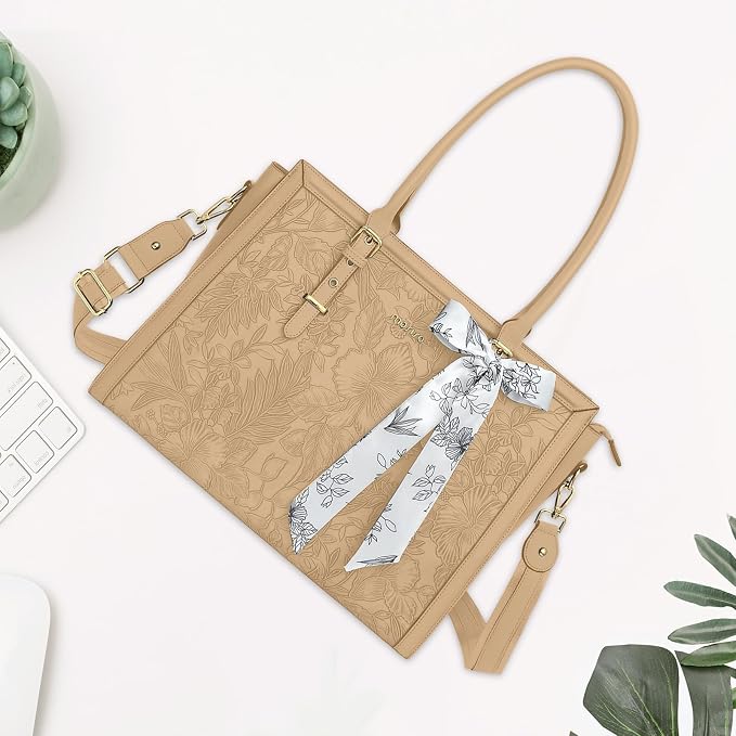 MOSISO Laptop Bag for Women, 15.6-16 inch PU Leather Tote Bag Compatible with MacBook, HP, Dell, Asus Notebook, Front Embossed Retro Hibiscus Computer Bags with Silk Scarf&Clutch Purse, Apricot