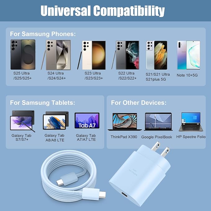 Fast Charger Type C,25W S23 Ultra Charger PD/PPS USB C Super Fast Charging Block&10FT Long Type C Cable Cord for Samsung Galaxy S26/S25/S24/S24+/S24 Ultra/S23/S23+/S23 Ultra/S22/S22+/S22 Ultra/S21/S20