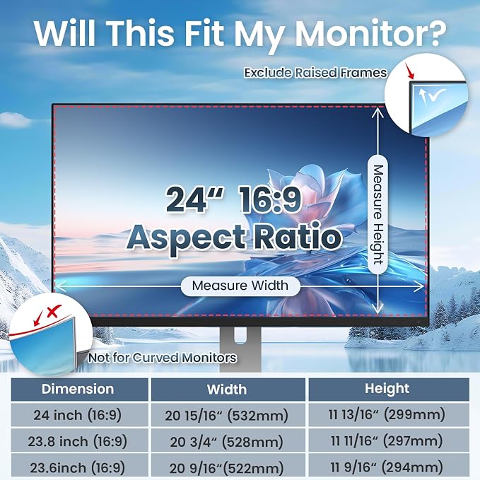 Magnetic Privacy Screen for 24 Inch Monitor 16:9 Aspect Ratio, Removable Anti Blue Light Filter with Eye Protection,Hanging Anti-Spy Protector for Flat Desktop Computers