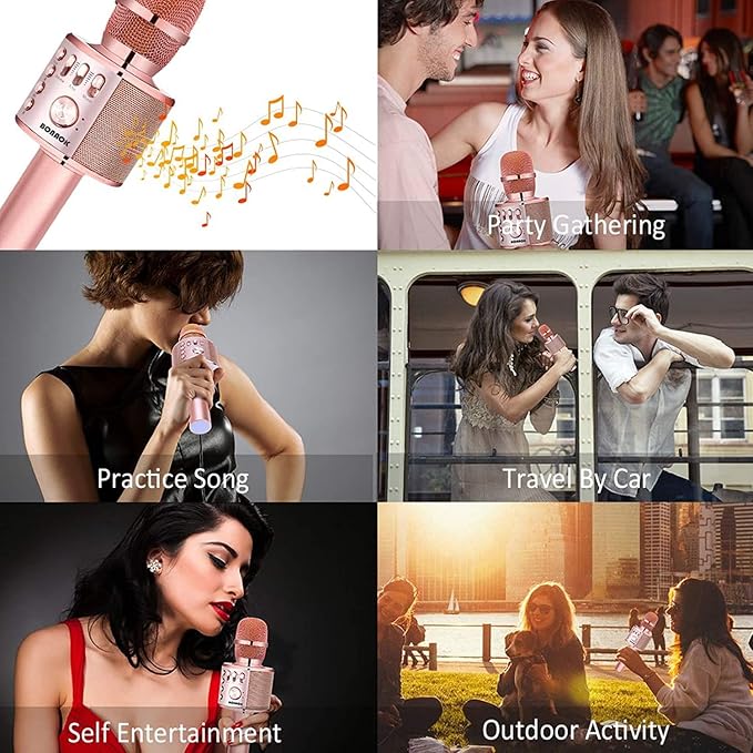 BONAOK Wireless Bluetooth Karaoke Microphone, 3-in-1 Portable Handheld Mic Speaker Machine for All Smartphones,Gifts to Girls, Boys Kids Adults All Age Q37(Champagne)