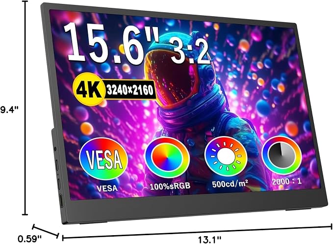 4K Portable Monitor, 15.6 Inch Screen Extender 3240×2160 UHD, 500 Nits 100% sRGB with 45° Adjustable Stand, HDMI & USB-C Computer Display for Travel Monitor Laptop & PC Mac Phone PS4 PS5 Switch
