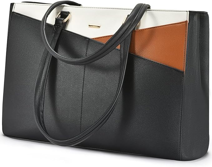 LOVEVOOK Laptop Bag for Women 17.3 Inch Tote Bags Waterproof Leather Briefcase Computer Women Business Office Work Bag,Black-Brown-Beige