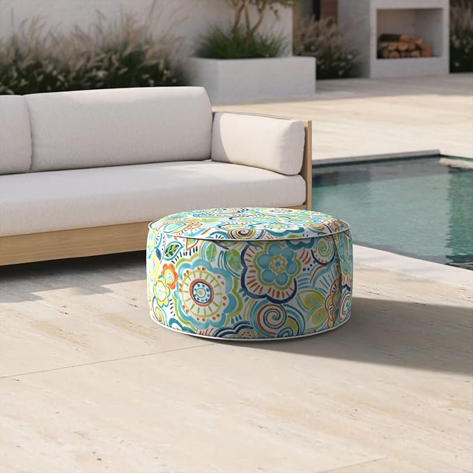 DYTXIII Inflatable Ottoman Stool D21 xH9 for Outdoor/Indoor Use, Water Repellent Patio Foot Rest Stool with Portable Handle,Round Pouf Ottoman Suitable for Garden,Deck and Camping - Flower Blue