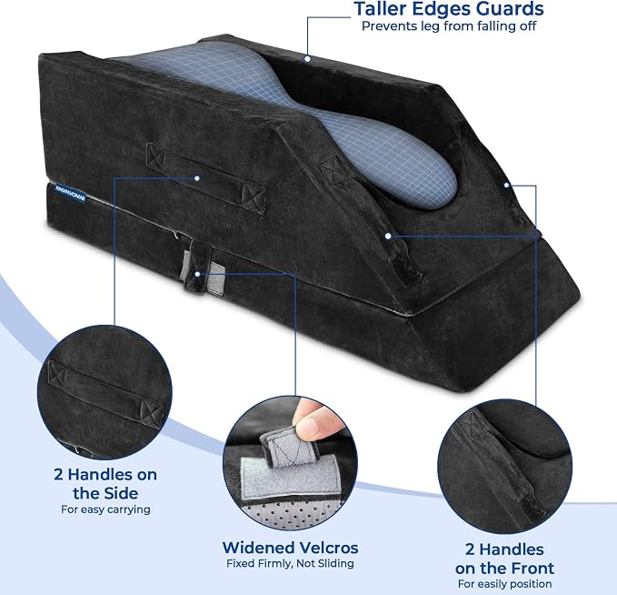 KingPavonini 4-Height Adjustable Leg Elevation Pillows for After Surgery with Ergonomic Curve, Memory Foam Wedge Pillow for Legs Swelling, Blood Circulation and Pain Relief, Black (Single Leg)