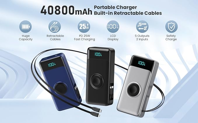 5-in-1 Portable Charger for iPhone,40800mAh Power Bank Built-in Retractable Cable and iWatch Charger,25W PD QC4.0 Fast Charging Battery Pack,Travel Essential Charger for iPhone 17/Air/16,Android,Blue