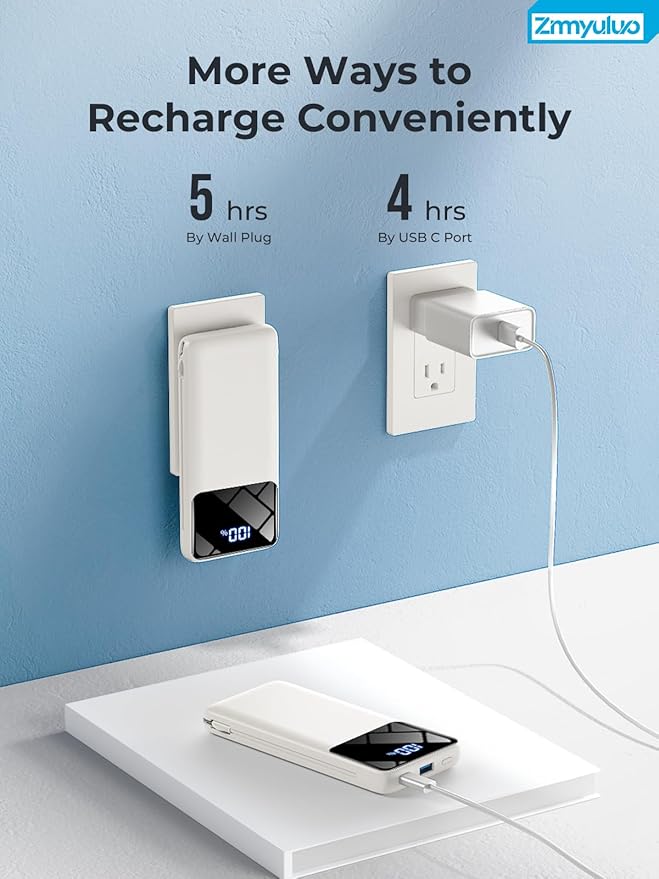 Portable Charger with Built-in Cables and AC Wall Plug, 10000mAh Ultra Slim USB C Power Bank, Travel Essentials Battery Pack Portable Phone Charger for iPhone, Samsung -Off White