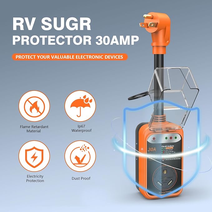 RV Surge Protector 30 Amp, 10000 Joules RV Circuit Analyzer with Waterproof Cover,RV Adapter Plug for Camper Travel Trailers (30 AMP)