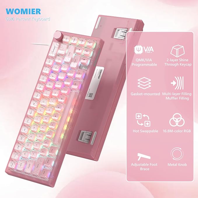 Womier 60% Percent Keyboard Pink Mechanical, QMK/VIA Creamy Gaming Keyboard Topographic, Hot Swappable Gasket Mount RGB Wired Key Board & Translucent Keycaps(VK66 PRO)